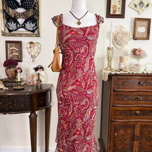 Y2k whimsical boho fairy grunge paisley silk midi dress